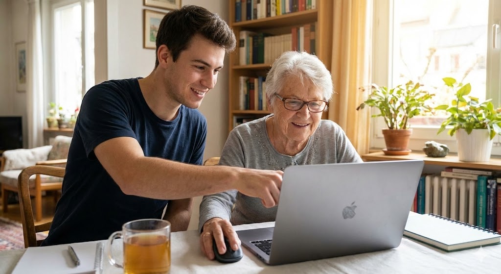 Etudiant aidant une senior