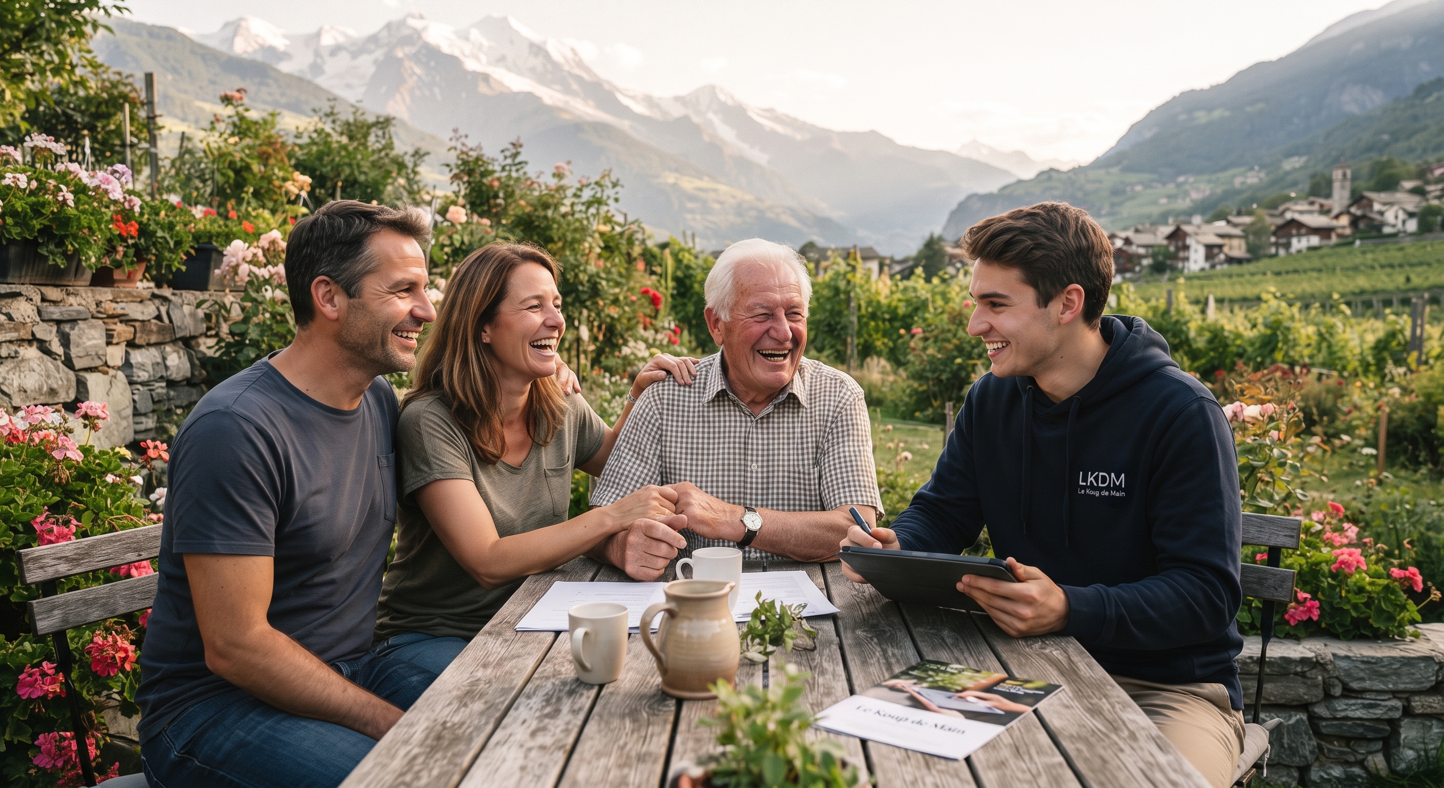 Une photographie chaleureuse et naturelle, style reportage authentique, en extérieur dans un charmant jardin ensoleillé en Valais (Suisse), avec des montagnes en arrière-plan. Un homme senior souriant et détendu est entouré de ses enfants adultes et d'un jeune étudiant souriant portant un vêtement aux couleurs de 'Le Koup de Main'. Ils partagent un moment de complicité, de rire et d'échange autour d'une table en bois. Lumière naturelle et douce de fin d'après-midi, ambiance bienveillante, intergénérationnelle et pleine de vie.