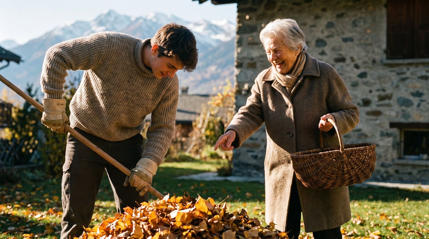Un étudiant ratisse les feuilles mortes avec une dame âgée qui rit, montagnes en arrière-plan