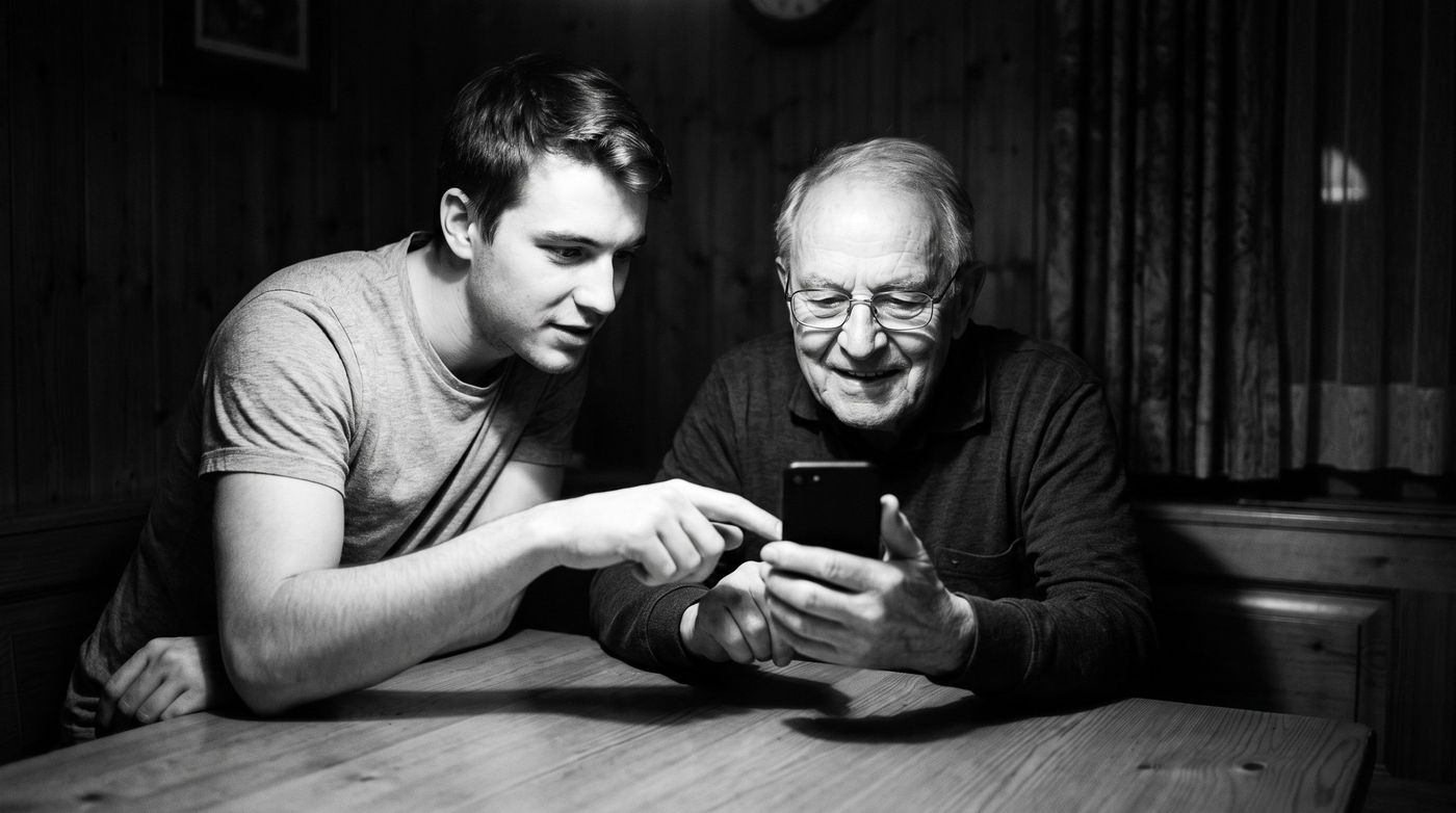 Un étudiant montre une fonction de smartphone à un monsieur âgé