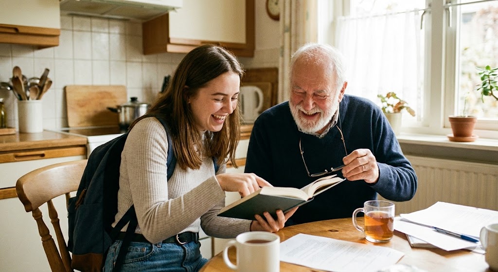 Marc et Julie souriant en regardant un album photo